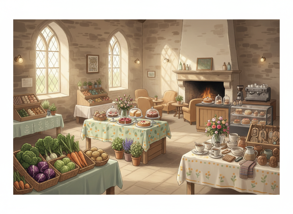 Illustration of a rural community market stall with vegetables, cakes, flowers and handmade crafts