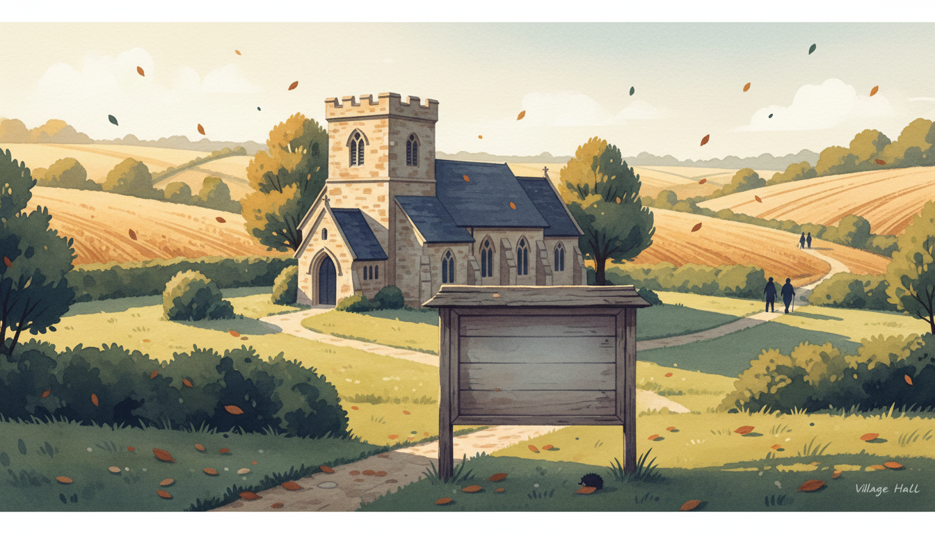 Illustration of an English Somerset village church, countryside, community noticeboard and autumn leaves.