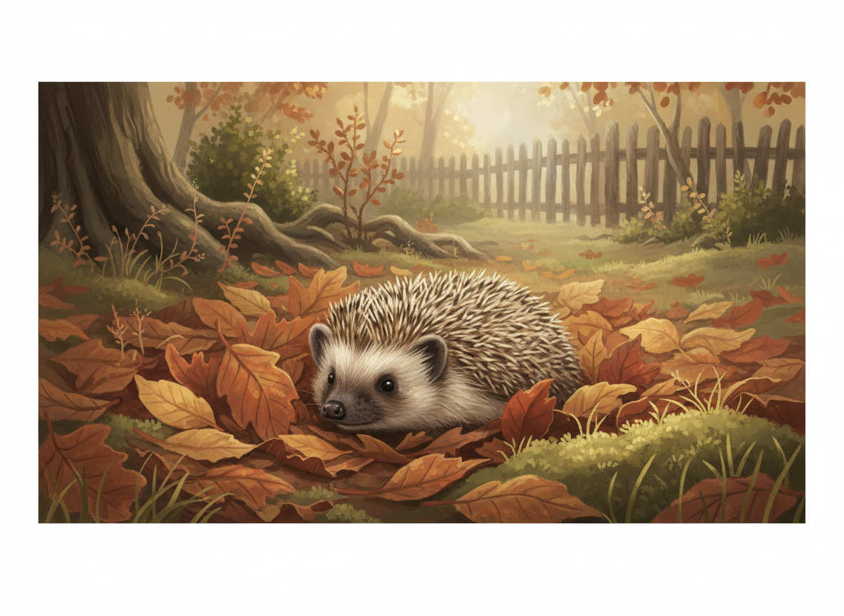 Illustration of a hedgehog among autumn leaves and grasses