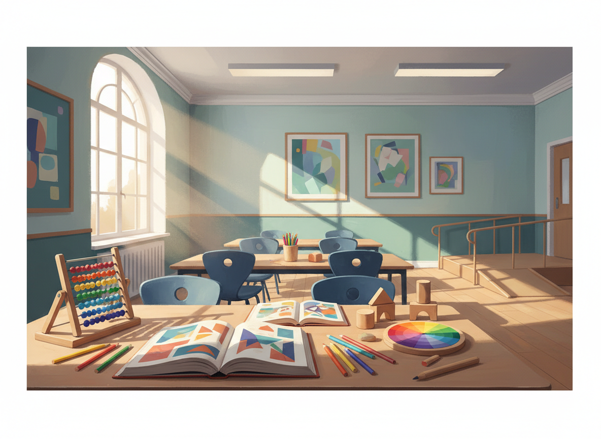 Illustration of classroom books, coloured pencils and learning materials