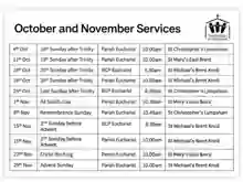Recreated parish October and November 2026 service sheet with worship timetable